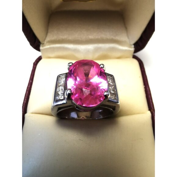 Oval Pink Gemstone Ring Sterling Silver 925 | Size 5.5 | Elegant Retro Cocktail - Picture 3 of 8